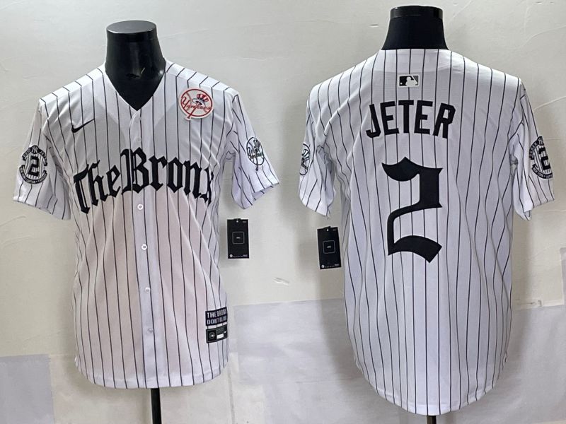 Men 2025 New York Yankees #2 Jeter White Stripe Five generations Joint Name Nike MLB Jersey style 08